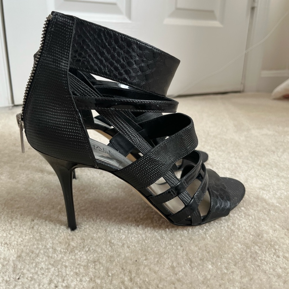MICHAEL KORS Shiloh SNAKE embossed Petrol cage LOGO ZIP Gladiator High Heel 4” - Picture 7 of 7